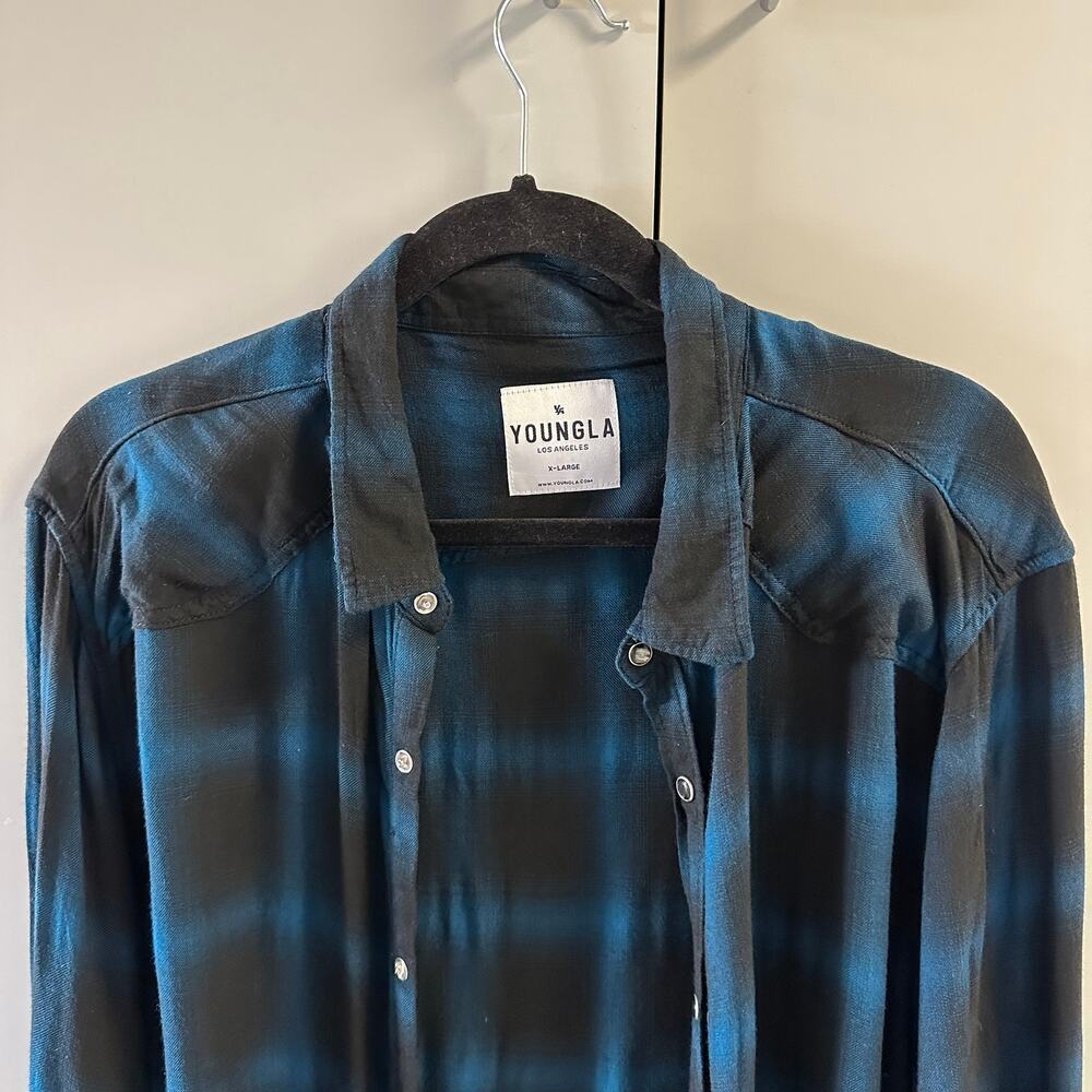 Men's YoungLA Blue Plaid  Pearl Snap,  Viscose, Lightweight  S01, New - Picture 5 of 6